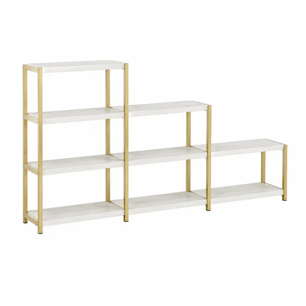 3-teiliges Stufenregal 150 x 30 x 120 cm aus MDF und Stahl rechteckig Weiß Gold