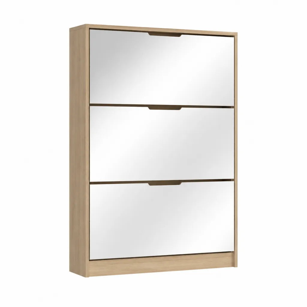 Schuhschrank mit 3 Klappen aus Spanplatte rechteckig Eiche hell Weiß 63 x 24 x 120 cm