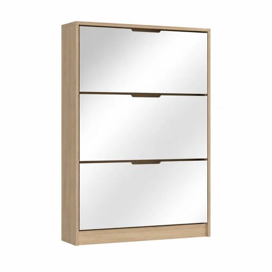 Schuhschrank mit 3 Klappen aus Spanplatte rechteckig Eiche hell Weiß 63 x 24 x 120 cm
