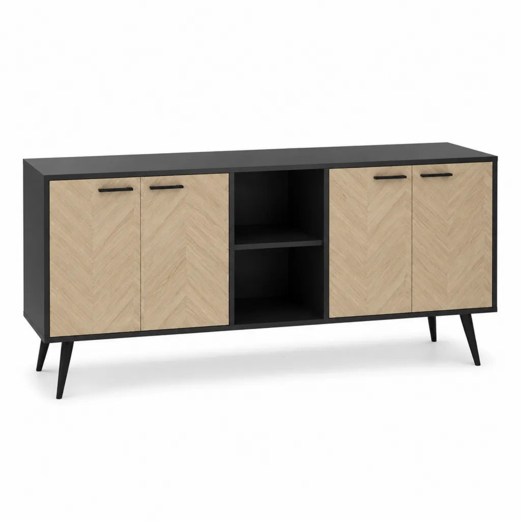 TV-Lowboard mit 4 Türen und offenen Fächern aus MDF rechteckig Schwarz Eiche Natur 160 x 40 x 75 cm