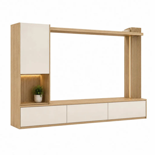 TV-Wohnwand 3-teilig rechteckig 200 x 35 x 160 cm Spanplatte Eiche Natur Beige mit LED-Beleuchtung