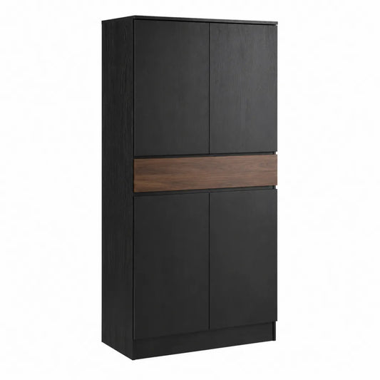 Schuhschrank mit 4 Türen und Schublade aus melaminbeschichteter Spanplatte Schwarz Nussbaum 80 x 37 x 180 cm