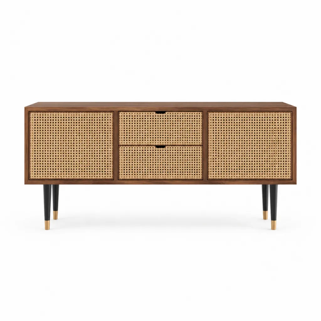 TV-Lowboard 160 x 40 x 75 cm MDF mit Walnussfurnier und Rattangeflecht rechteckig braun/natur