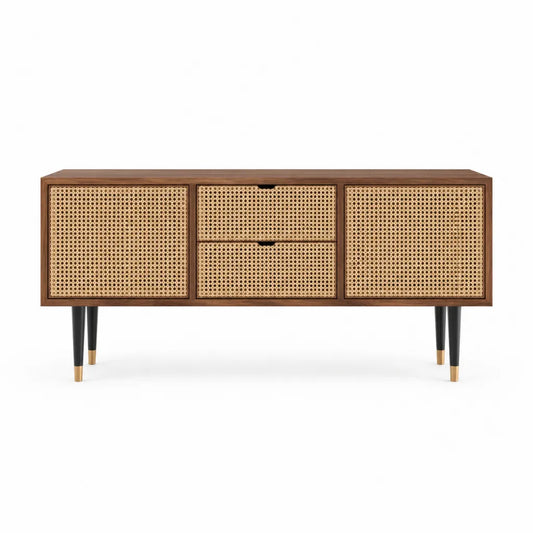 TV-Lowboard 160 x 40 x 75 cm MDF mit Walnussfurnier und Rattangeflecht rechteckig braun/natur