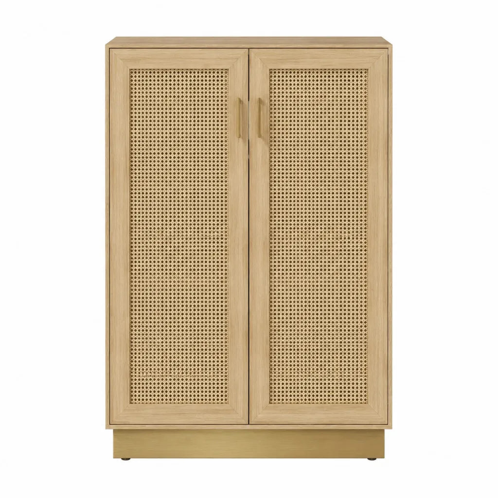 Schuhschrank mit 2 Türen aus MDF mit Eichenfurnier und Rattangeflecht rechteckig Natur Beige 80 x 35 x 120 cm