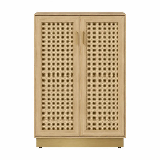 Schuhschrank mit 2 Türen aus MDF mit Eichenfurnier und Rattangeflecht rechteckig Natur Beige 80 x 35 x 120 cm