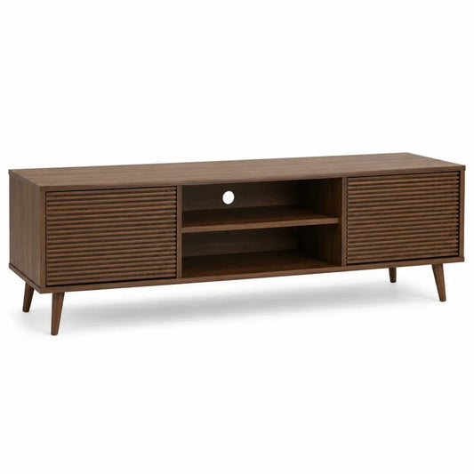 TV-Lowboard mit 2 Lamellentüren und offenen Fächern MDF mit Walnussholzfurnier rechteckig Nussbraun 160 x 40 x 55 cm